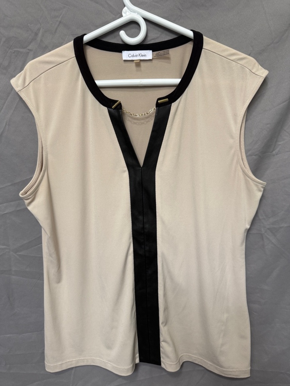 Calvin Klein Beige Tank Top with Black Trim and Chain Accent